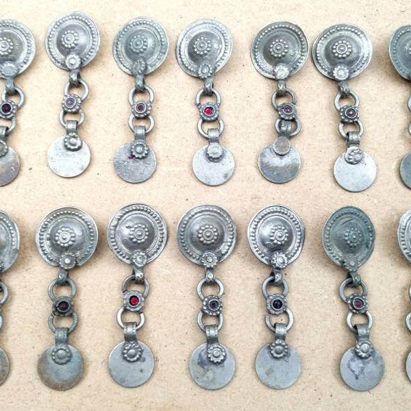 14 Vintage Turkoman Buttons DIY Findings Belly Dancing Costume Supply Dress Design Tribal Fusion Kuchi Afghan Handmade Rare Buttons Tassels.