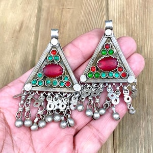 Afghan Tribal Kuchi Pendants Pair Handmade Antique Traditional Fashion Vintage DIY Belly Dance Costume Dress Bohemian Jewelry Findings Gift