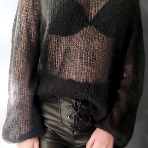 Black Mohair Knitted Minimalistic Sweater, Hand Knit, Oversized Cozy Wool Knit