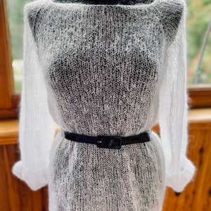 White Women Jumper Mesh Kid Mohair Wool Loose Fit Sweater, Hand Knit, One Size