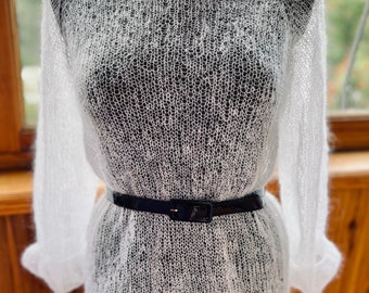 White Women Jumper Mesh Kid Mohair Wool Loose Fit Sweater, Hand Knit, One Size