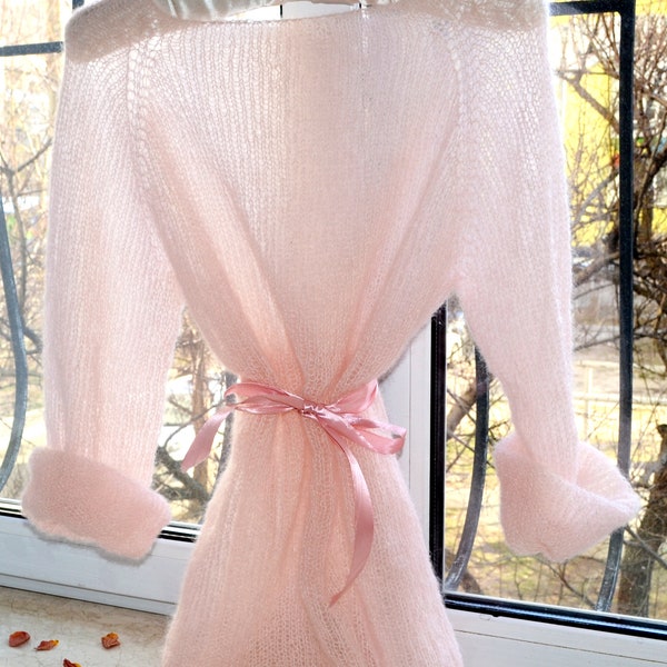 Women Powder Pink Bridal Kid Mohair Sweater Hand Knit Light Transparent One Size