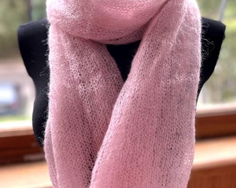Women Large Knitted Fluffy Wool Kid Mohair Powder Pink Scarf Shawl Wrap, Handmade Knit