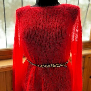 Handmade Women Red Mohair Oversized Sweater Minimalistic Thin Knit Fuzzy Jumper