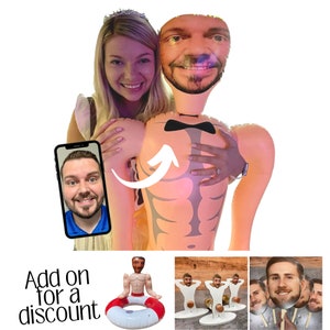 May include: A photo collage featuring three different inflatable figures with personalized faces. The figures are a muscular torso, a man sitting on a life preserver, and a man standing on a base. Add on for a discount.