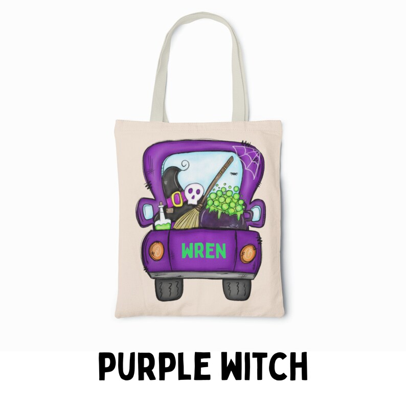 May include: Purple tote bag with a cartoon illustration of a purple truck carrying a witch's cauldron, broom, and hat. The truck has the word "WREN" written on the back.