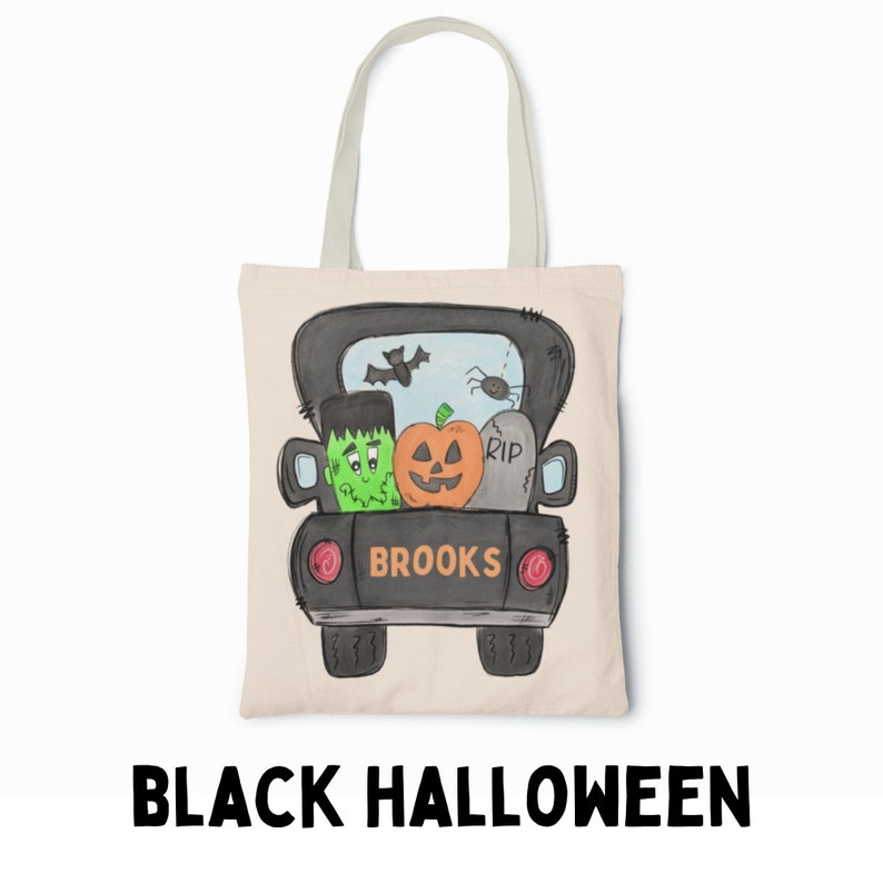 May include: A black Halloween tote bag with a cartoon truck carrying a pumpkin, a Frankenstein monster, and a tombstone that says "RIP". The truck has the word "BROOKS" written on the back.