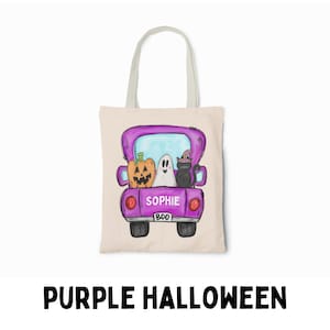 May include: Purple Halloween tote bag with a ghost, black cat, and pumpkin riding in a purple pickup truck. The truck has the name "Sophie" and "BOO" written on the back.