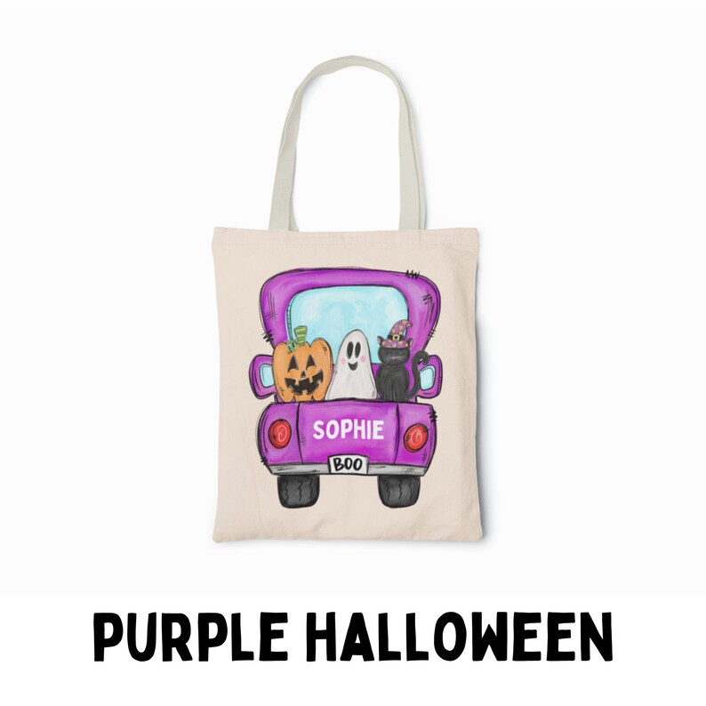 May include: Purple Halloween tote bag with a ghost, black cat, and pumpkin riding in a purple pickup truck. The truck has the name "Sophie" and "BOO" written on the back.