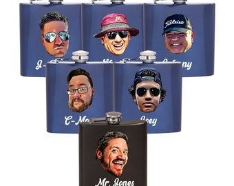 May include: Six blue stainless steel hip flasks with different personalized images and names. The flasks are arranged in a staggered pattern. The names on the flasks are J-, Mike, Tony, C-Mo, Joey, and Mr. Jones.