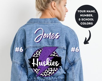 high school football jean jacket, school spirit jean jacket, football jean jacket, school jean jacket, team jean jacket, player jean jacket