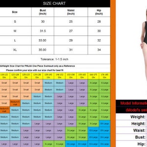 May include: Size chart for a one-piece swimsuit with bust, waist, and hip measurements in inches. The chart includes a size guide based on height and weight in pounds. The model is wearing a black swimsuit and is 5'8" tall, weighs 112 pounds, with a 24-inch waist, 34-inch bust, and 35-inch hips.