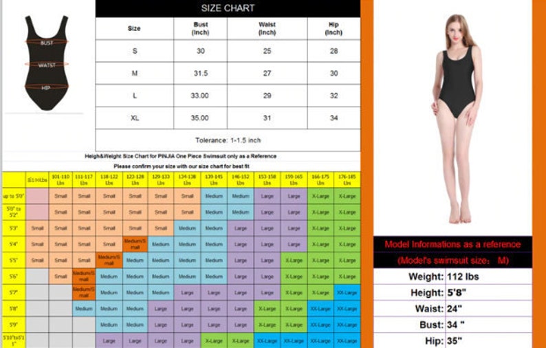 May include: Size chart for a one-piece swimsuit with bust, waist, and hip measurements in inches. The chart includes a size guide based on height and weight in pounds. The model is wearing a black swimsuit and is 5'8" tall, weighs 112 pounds, with a 24-inch waist, 34-inch bust, and 35-inch hips.