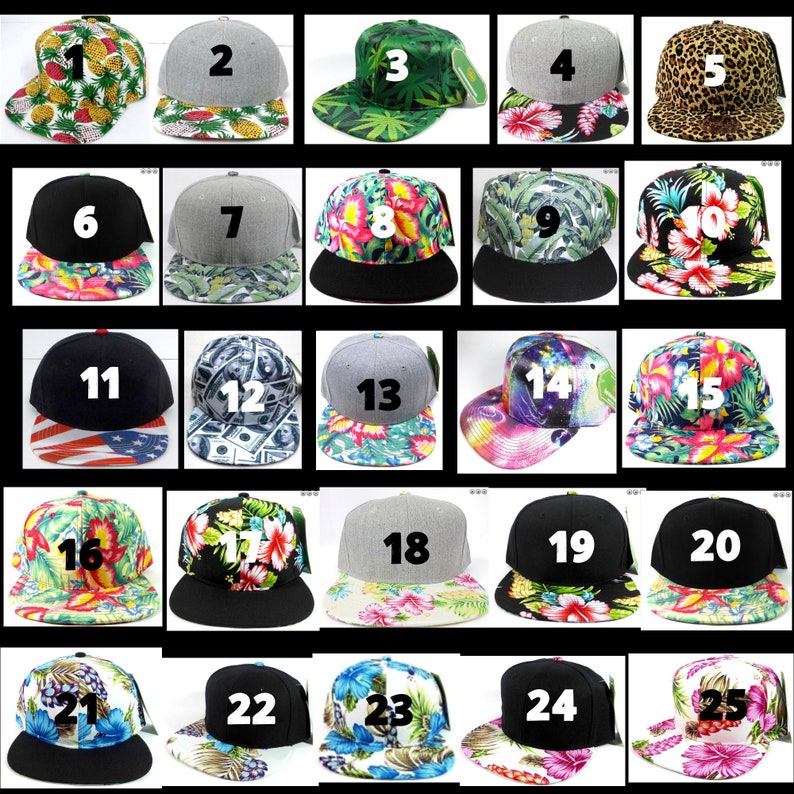 Puede incluir: Veinticinco gorras de b&eacute;isbol diferentes con varios dise&ntilde;os y colores. Las gorras presentan una variedad de patrones, incluyendo flores, camuflaje, pi&ntilde;a y dinero. Las gorras est&aacute;n numeradas del 1 al 25.