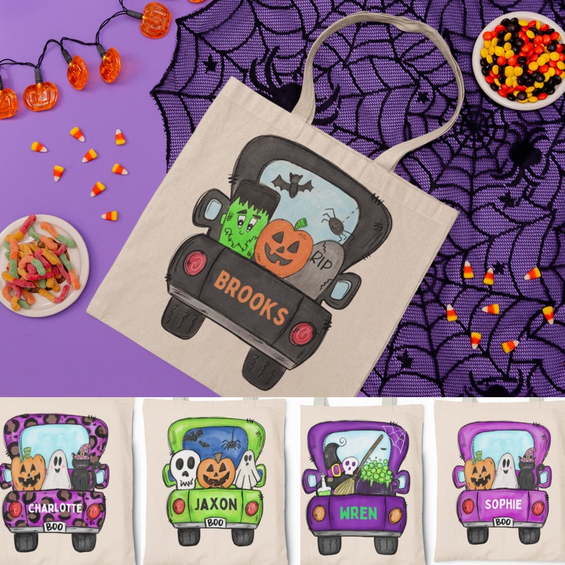 May include: Four Halloween-themed tote bags with a black truck carrying various Halloween characters. The bags are personalized with the names "Brooks", "Jaxon", "Wren", and "Sophie".