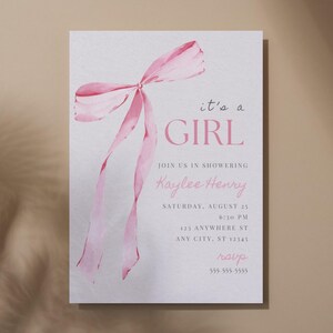 It’s a Girl Baby Shower Invitation Template - Editable Pink Bow Baby Shower Invite - Digital Download for Baby Girl Shower - 5x7