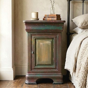 May include: A rectangular wooden bedside cabinet with a distressed finish in shades of dark green, brown, and red. The piece features a single cabinet door with a central recessed panel, a flat top surface, and a sturdy base with a cutout design.