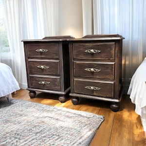 Hand-Painted Dark Bedside Tables | Set of Two Vintage Nightstands with Unique Gold Hardware