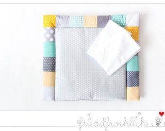 Abwaschbare Wickelauflage/ Wickelunterlage - gelb/ grau/ mint - Patchwork