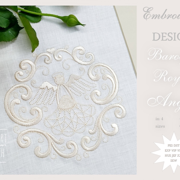 Machine Embroidery Design, Christening Royal Angel Baroque Scrolls, 4 sizes, File INSTANT DOWNLOAD