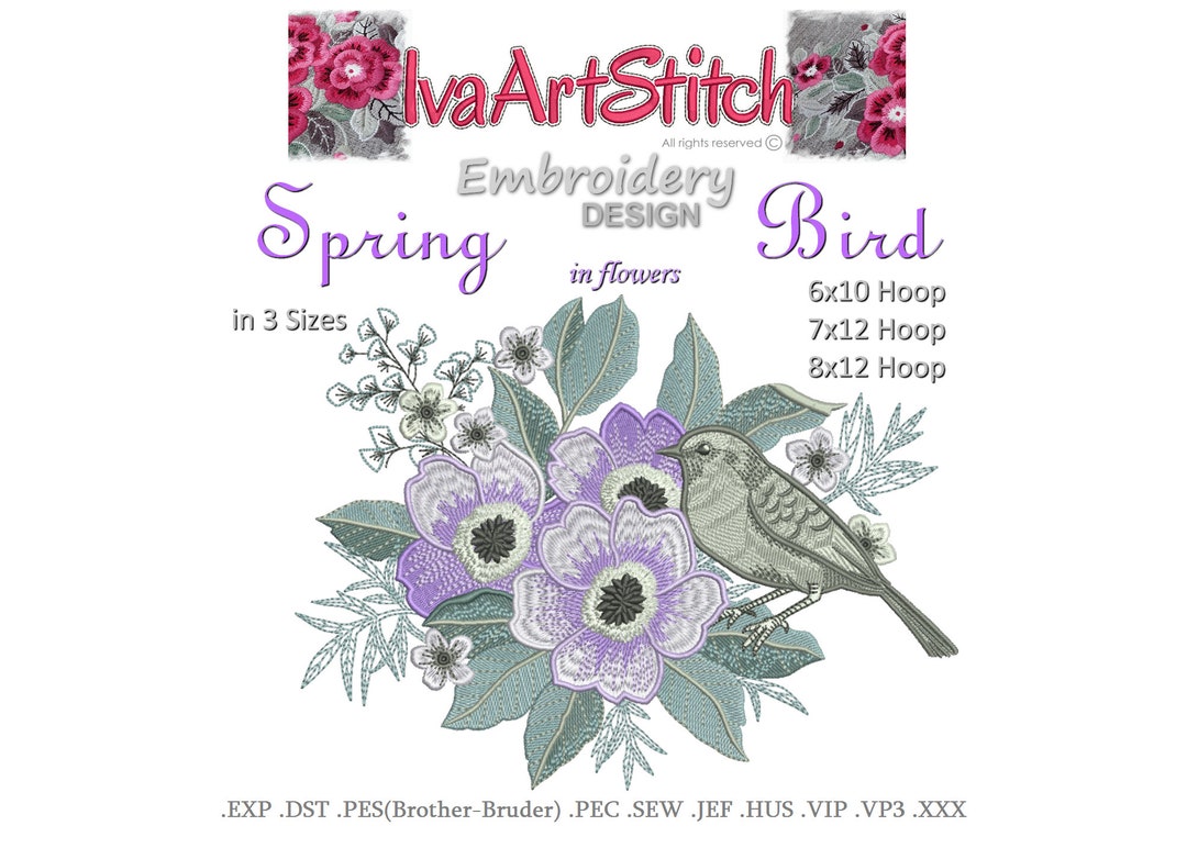Machine Embroidery Design Spring Bird in Flowers Anemones Bouquet and ...