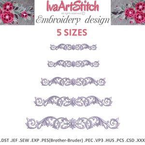 May include: An embroidery design by IvaArtStitch, featuring five sizes of ornate, scrolling border patterns in a light purple colour. The design includes floral elements and the text "Embroidery design" and "5 SIZES".