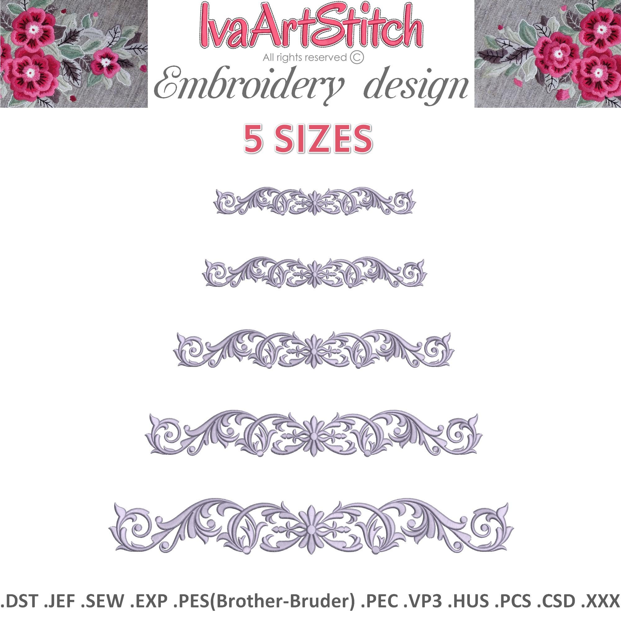Machine Embroidery Design Delicate Royal Flourish Scrolls Border Baroque 5 sizes File INSTANT DOWNLOAD