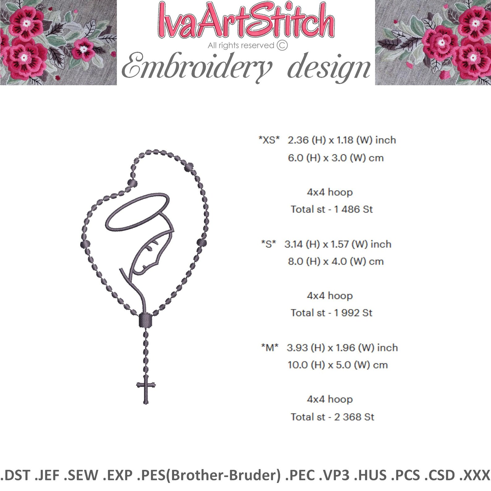 Catholic Rosary Virgin Mary Machine Embroidery Design in 3 Sizes ...