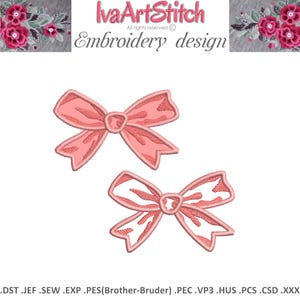 May include: Two pink bows, one with a solid pink color and the other with a white and pink pattern. The bows are isolated on a white background.