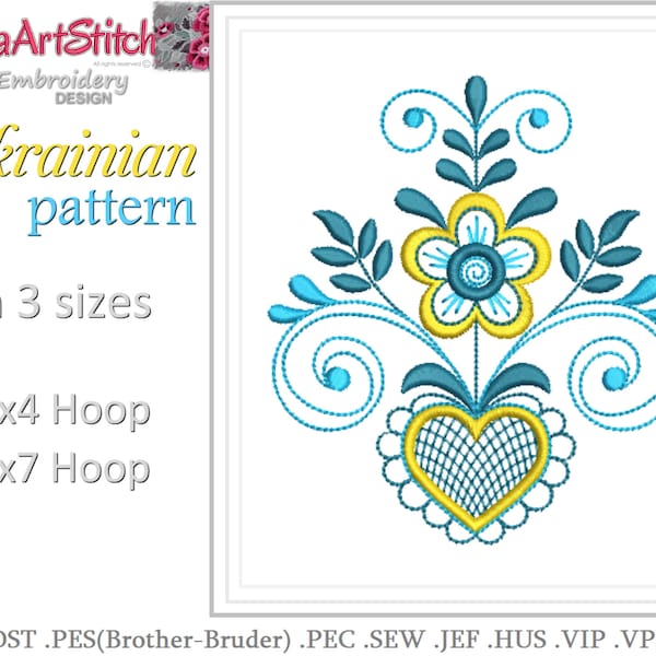 Machine Embroidery Design Stylized Ukrainian Folk Styl Simple Flower Pattern Heart File Instant Download