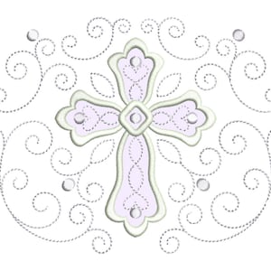 May include: Embroidered cross design in soft lavender and white, featuring a detailed floral pattern. The cross is the focal point, surrounded by delicate swirls and small, round embellishments, all set against a clean white background. A religious-themed design.