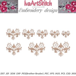 May include: Set of six embroidery designs featuring ornate, symmetrical, brown and white floral patterns. The designs are perfect for adding a touch of elegance to any project.