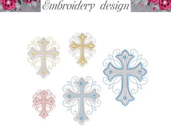 Machine Embroidery Design Elegant Filled Cross and Scroll Lines Backstitch 5 sizes 4x4 Hoop 5x7 Hoop File Instant Download