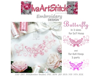 Machine Embroidery Design Butterfly Scrolls Redwork 3 sizes File Instant Download