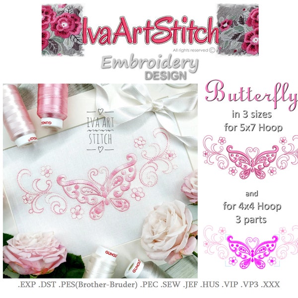 Machine Embroidery Design Butterfly Scrolls Redwork 3 sizes File Instant Download