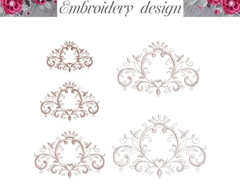 Machine Embroidery Design Floral Scrolls Frame Crown for Monogram 5 sizes File Instant Download