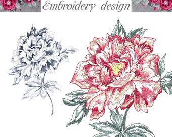 Machine Embroidery Design Pink Peony with Leaves  Flower watercolor Plant File Instant Download