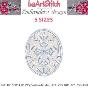 May include: An embroidery design featuring a cross within an oval frame, with floral and beaded accents in light blue and white. The text "IvaArtStitch Embroidery design" is at the top, with "5 SIZES" below. The design is suitable for various embroidery projects.