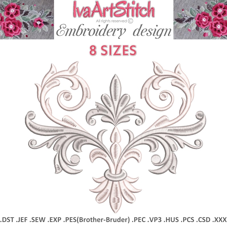 Flourish Satin Scrolls Corner Pattern Machine Embroidery Design in 8 sizes: Royal Wedding (Instant Download) image 1
