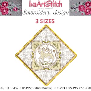 May include: An embroidery design featuring a lamb carrying a flag within a diamond-shaped frame. The design includes the text "IvaArtStitch Embroidery design 3 SIZES". The frame has a yellow border and a detailed pattern.