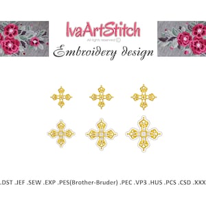 Op de afbeelding: Zes verschillende maten gouden kruissteekontwerpen. De ontwerpen zijn wit omrand en hebben een gedetailleerde, sierlijke stijl.  .DST .JEF .SEW .EXP .PES(Brother-Bruder) .PEC .VP3 .HUS .PCS .CSD .XXX