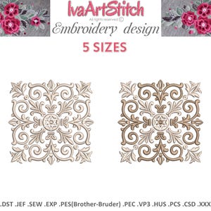May include: Two square embroidery designs with ornate floral and scroll patterns. The designs are in shades of beige and brown. The image also includes the text "IvaArtStitch Embroidery design 5 SIZES".