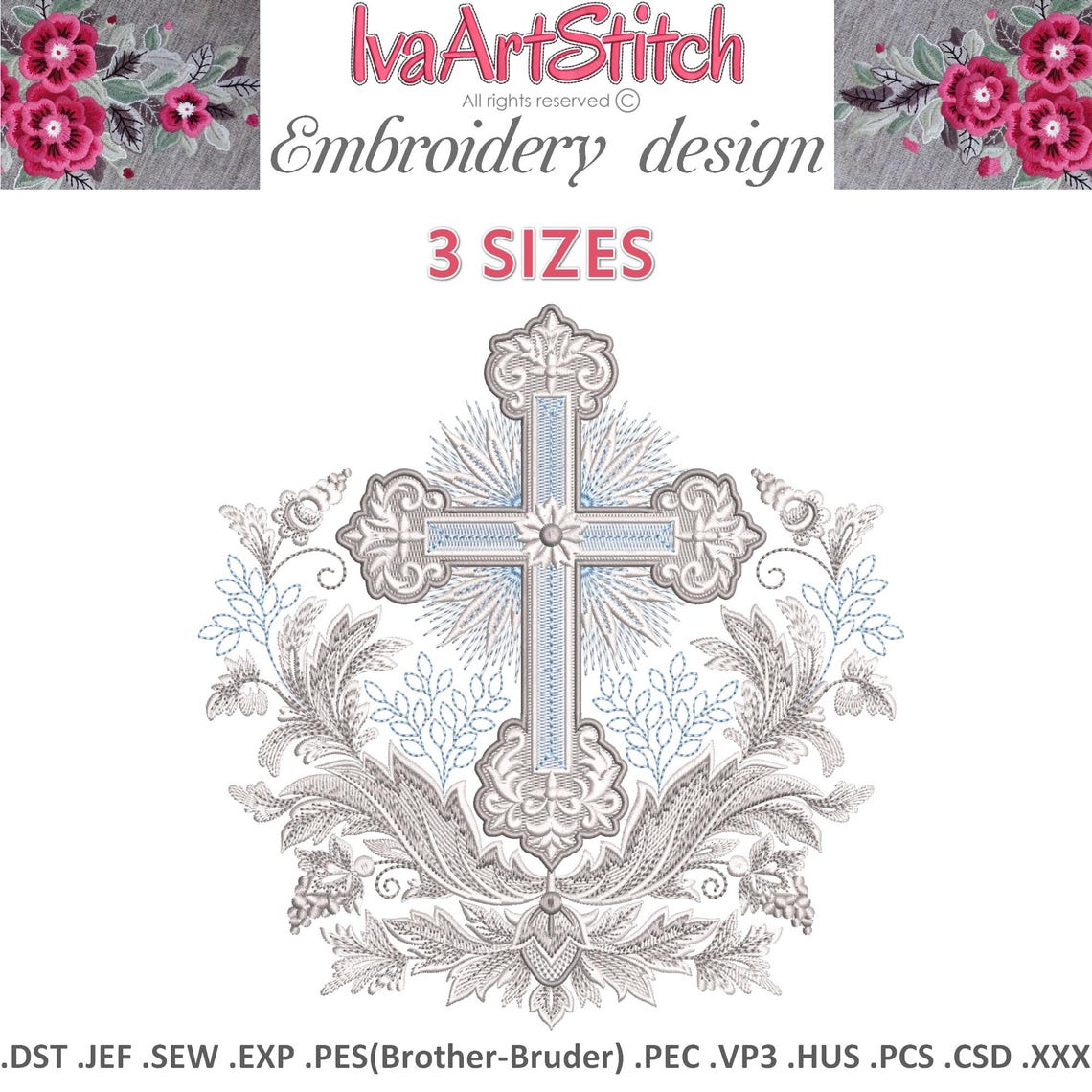 Victorian Cross Pattern Victorian Cross in Leaves Machine Embroidery Design in 3 Sizes: Сhurch ...