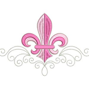 Pode incluir: Uma flor-de-lis bordada em rosa e branco com um design de rolagem decorativo.