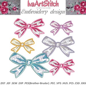 Pode incluir: Conjunto de seis desenhos de bordado com laços com padrões intrincados. Os laços são de várias cores, incluindo rosa, amarelo, azul e cinza. Os desenhos são perfeitos para adicionar um toque de elegância a qualquer projeto.