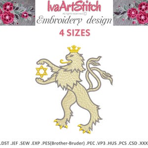 Peut inclure: Motif de broderie représentant un lion couronné tenant une étoile de David. Le design est en beige et or, avec le texte "Embroidery design" et "4 SIZES". Le logo IvaArtStitch est en haut.