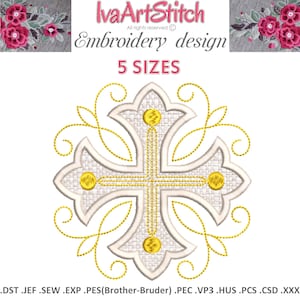 May include: An embroidery design featuring a white cross with gold accents and decorative swirls. The design includes the text "IvaArtStitch Embroidery design 5 SIZES". The design is suitable for various embroidery projects.