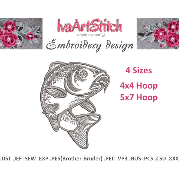 Embroidery Design Small Fish Carp Contour Graphic Pattern Silhouette 4 sizes File Instant Download