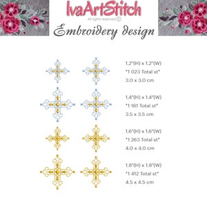 May include: Four different sizes of cross embroidery designs. The crosses are outlined in blue and have gold centres. The designs are 1.2 inches, 1.4 inches, 1.6 inches, and 1.8 inches in size. Each design includes the height and width in inches, the total number of stitches, and the size in centimetres.