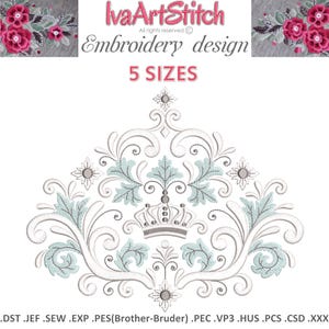 Satin Filigree Scroll and Crown Machine Embroidery Design in 5 Sizes:  Royal emblem (6x8, 7x12, 8x12 Hoop) (Instant Download)